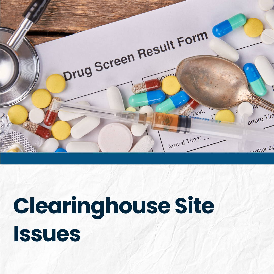 Image of different pills on drug test form for blog graphic featuring the title "Clearinghouse Site Issues."