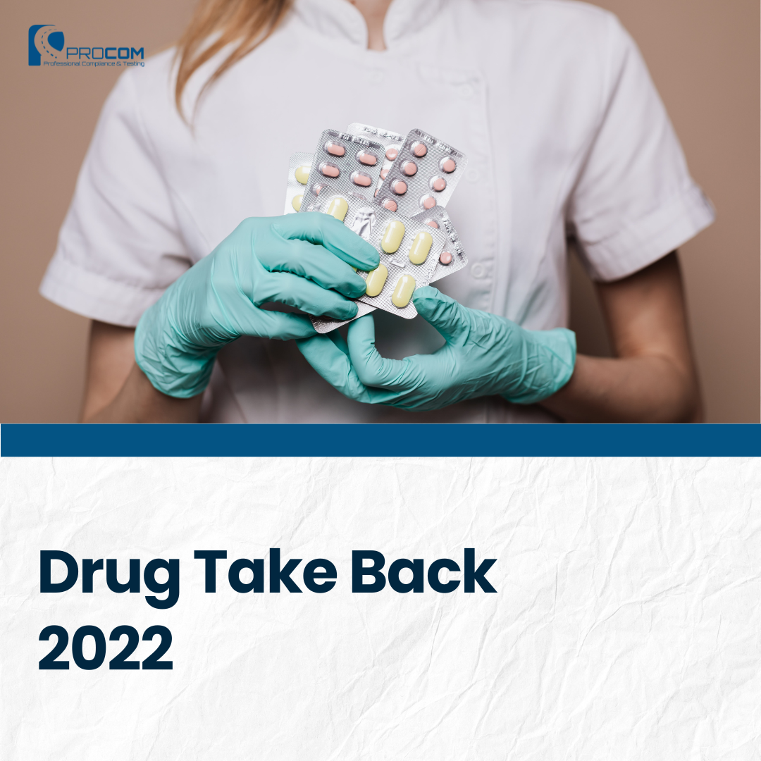 A picture for Procom's blog post called "Drug Take Back 2022." Features a doctor holding prescription medicine with gloves.