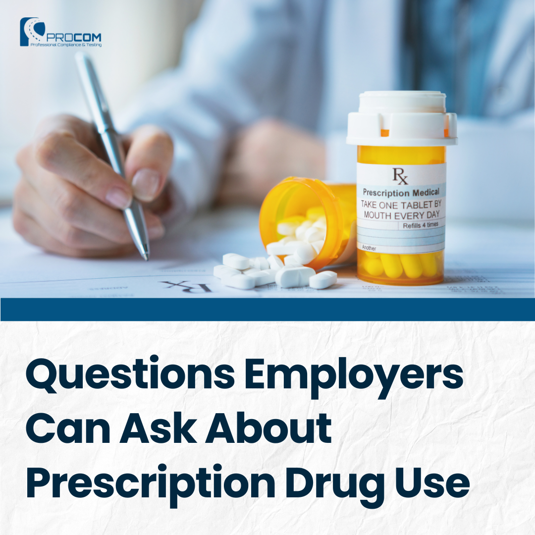 A picture for Procom's blog post called "Questions Employers Can Ask About Prescription Drug Use." Features someone writing with a pen with two prescription bottles next to them.