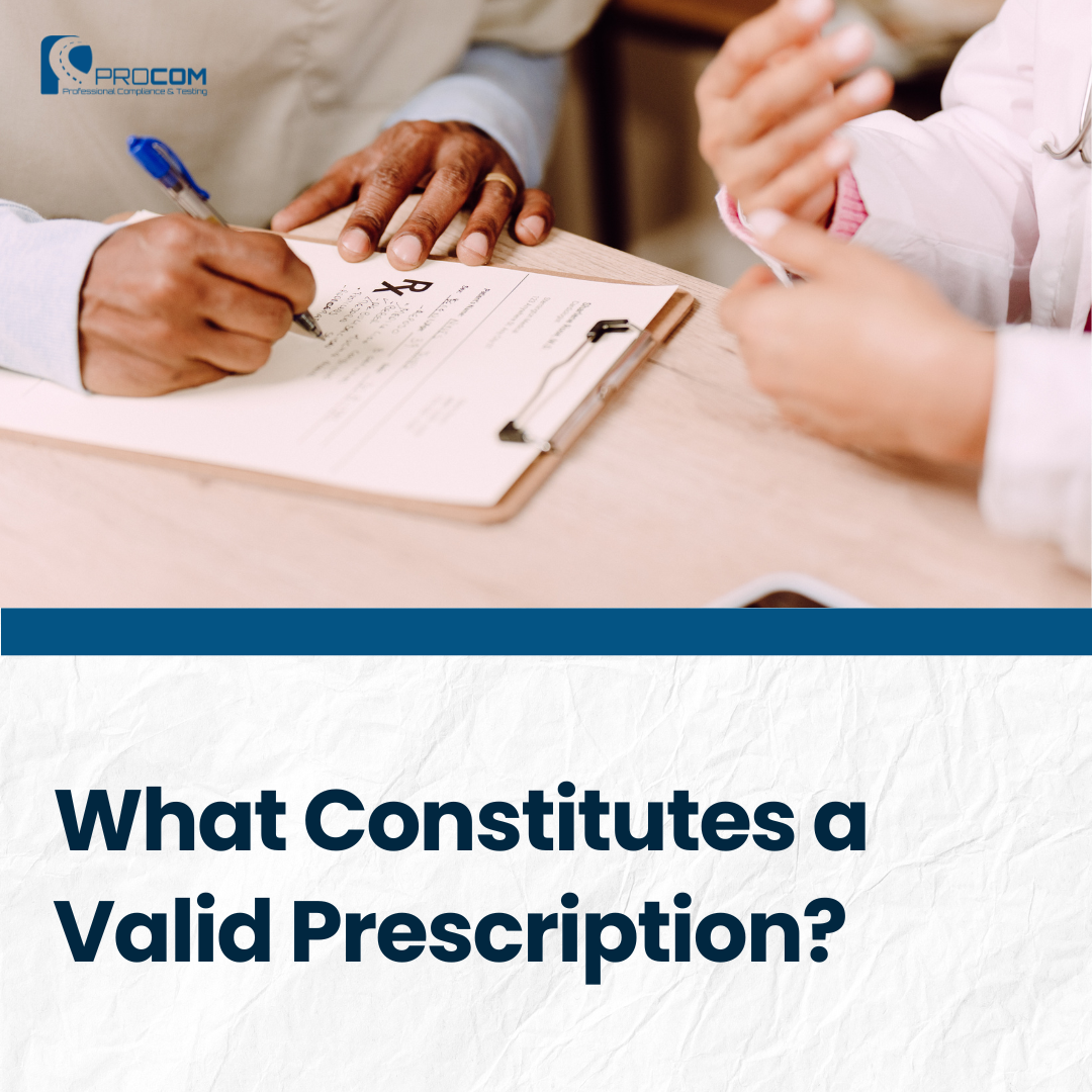 A picture for Procom's blog post called "What Constitutes a Valid Prescription?" Features a doctor talking with a patient and writing a valid prescription.