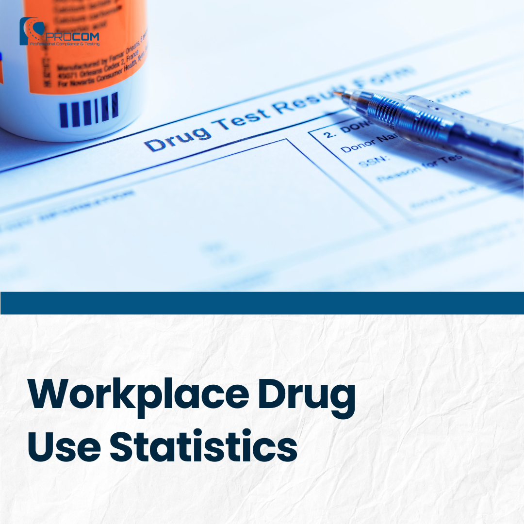 A picture for Procom's blog post called "Workplace Drug Use Statistics." Features a pen and a urine drug test on top of a form called "drug test results form."