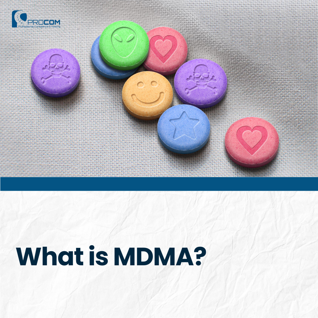 A picture for Procom's blog post called "What is MDMA?" Features a picture of colorful pills with icons stamped on them like smiles, stars, skulls, and hearts.