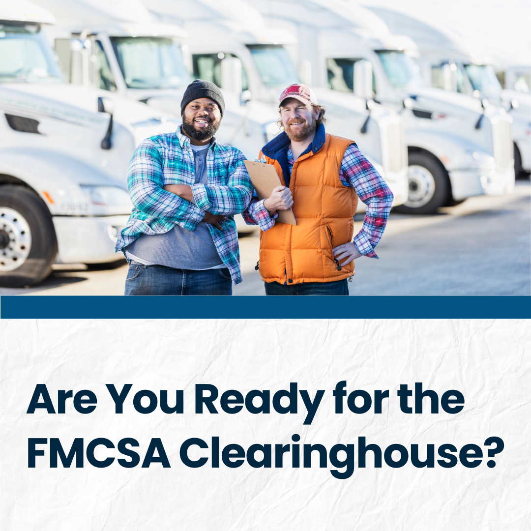 A picture for Procom's blog post called "Are you ready for the FMCSA Clearinghouse?" Features a picture of two FMCSA supervisors smiling and standing in front of a line of trucks.