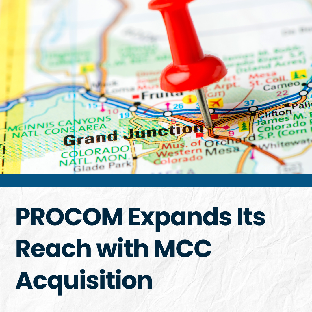 Image of a push pin on a map located on "Grand Junction Colorado." The bottom of the images features a white overlay with a title "PROCOM Expands Its Reach with MCC Acquisition."