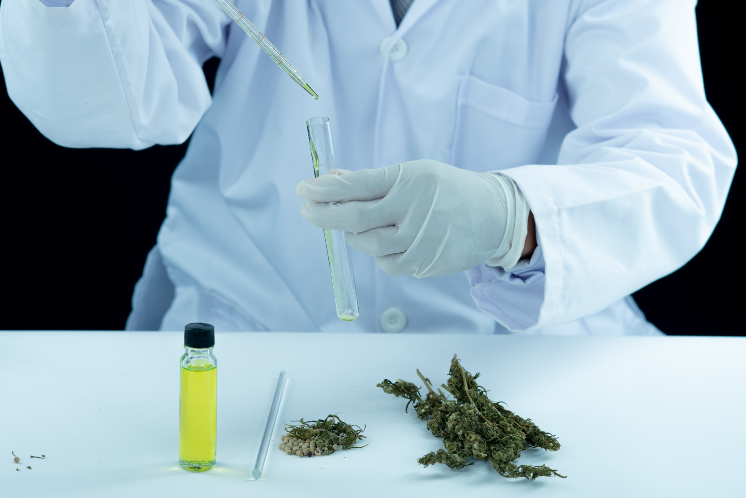 A lab technician in a white coat and gloves handles a pipette and test tube containing green liquid, with hemp buds, seeds, and a vial of yellow oil on the table—illustrating the analysis process often associated with non-DOT drug testing.