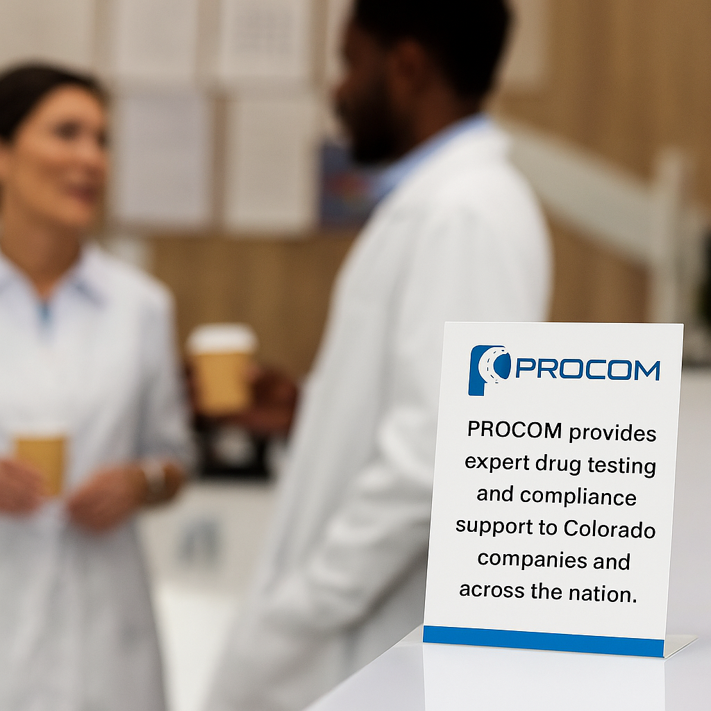 Two healthcare professionals in white coats talk casually in a modern clinic while a branded PROCOM informational brochure is displayed on the reception counter in focus.