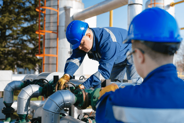 wo oilfield contractors wearing blue uniforms and blue hard hats working on an industrial pipeline valve system at a remote worksite.