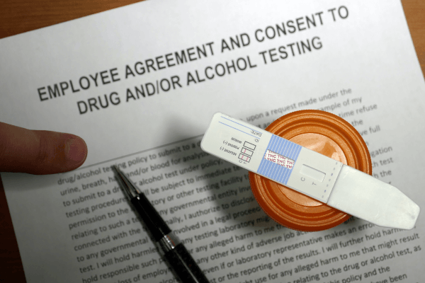 Employee agreement and consent form for drug and alcohol testing alongside a urine specimen cup and rapid test strip, representing the documentation and collection process managed through DER, TPA, and MRO coordination.