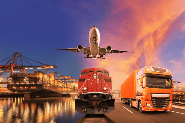 Commercial truck, freight train, cargo ship, and commercial aircraft representing the DOT-regulated transportation industries subject to reasonable suspicion drug and alcohol testing requirements under FMCSA, FAA, FRA, and FTA regulations.